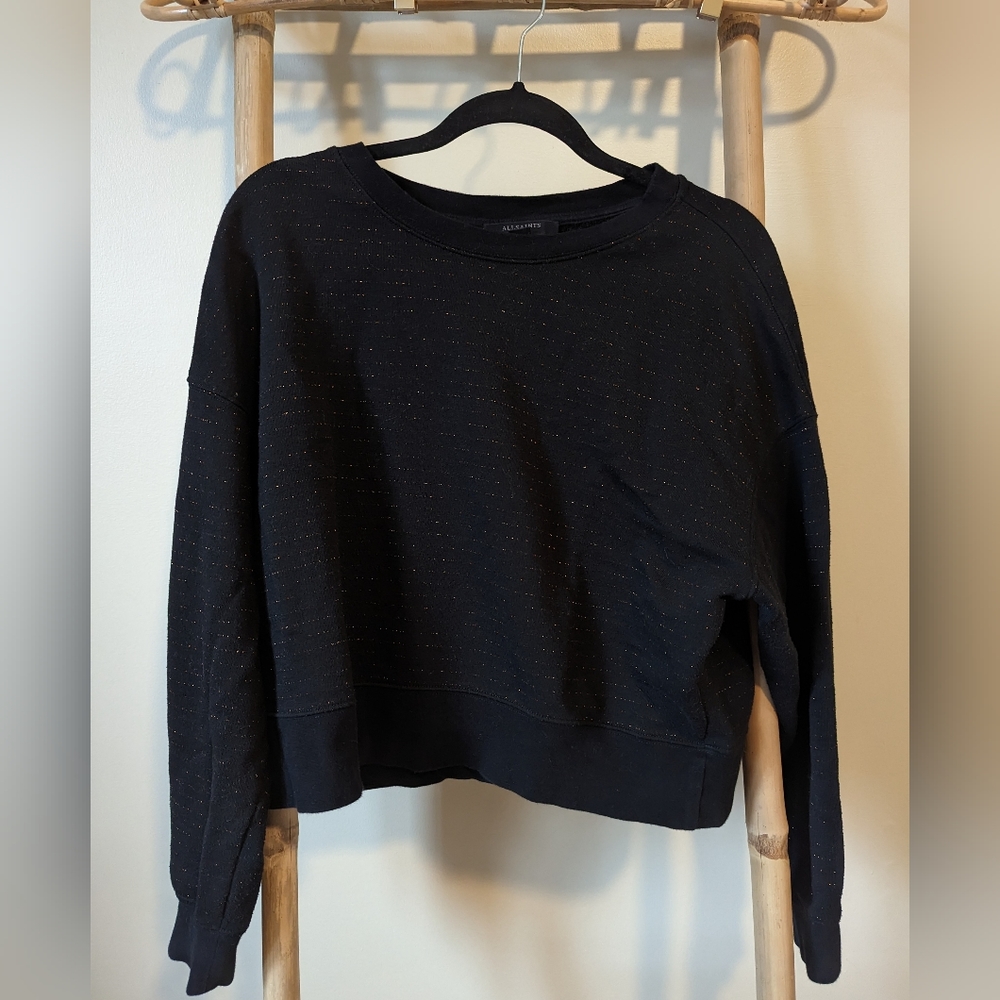 All Saints Black Cropped Sweatshirt with Gold Sparkle Threading / XS